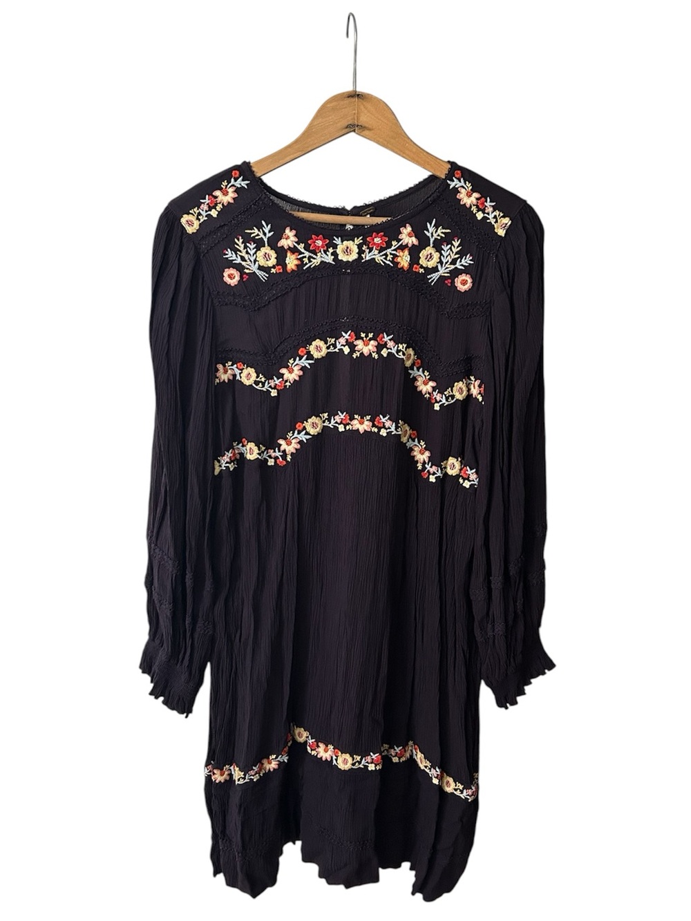 Free People | Women’s Black Floral Embroidered Long Sleeve Boho Pasadena Dress M - Picture 3 of 16